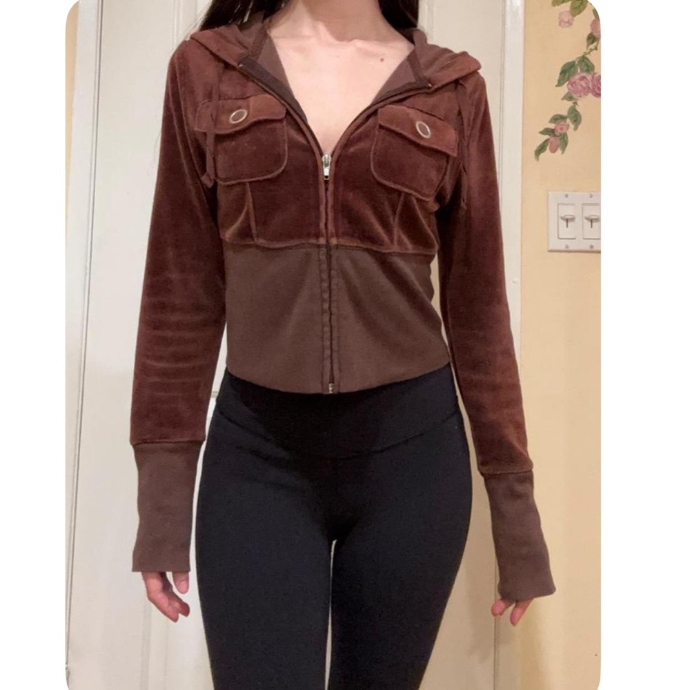 Cropped Brown Velour Zip-Up Jacket